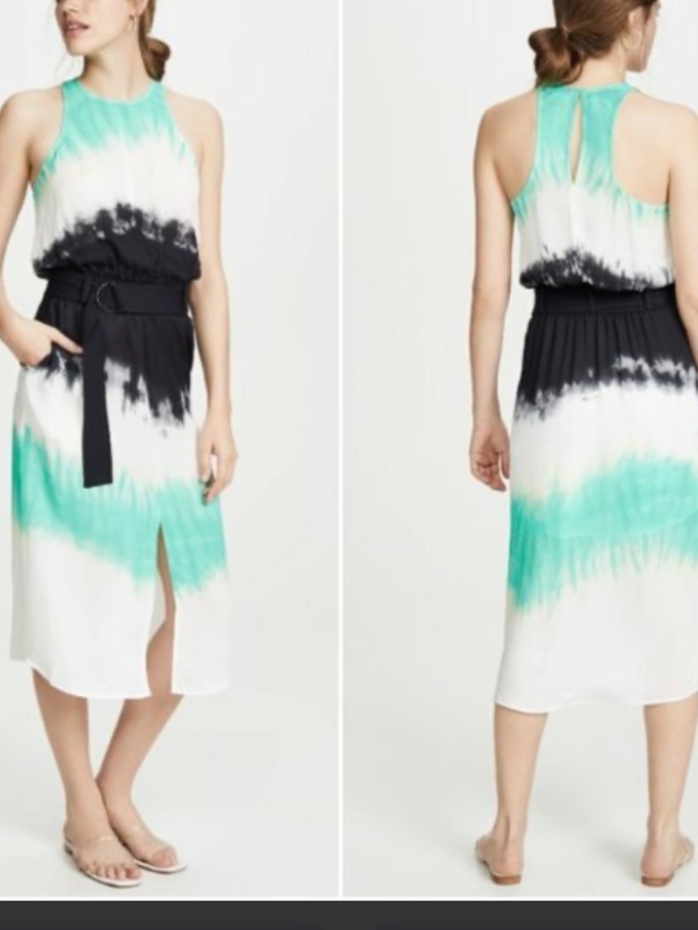 A.L.C. Tallulah Halter Tie-Dye Midi Dress in Teal, Black & White no belt